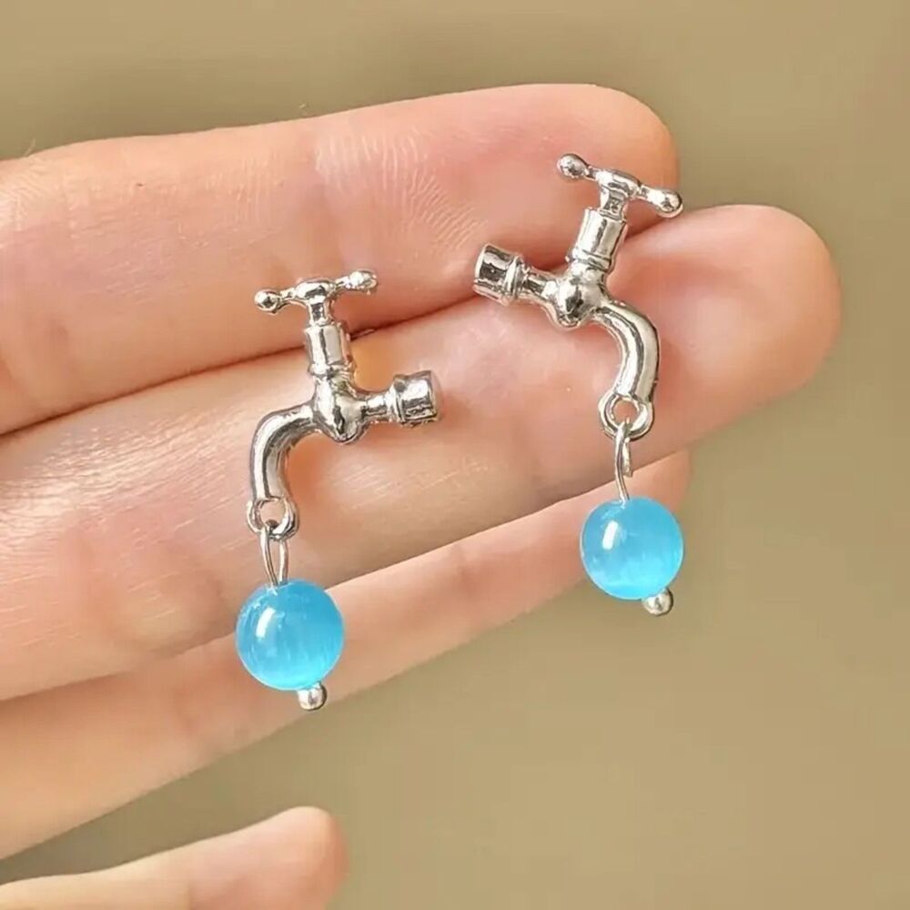 Cute, Playful, Fun, Unique Silver Faucet Water Drop Earrings